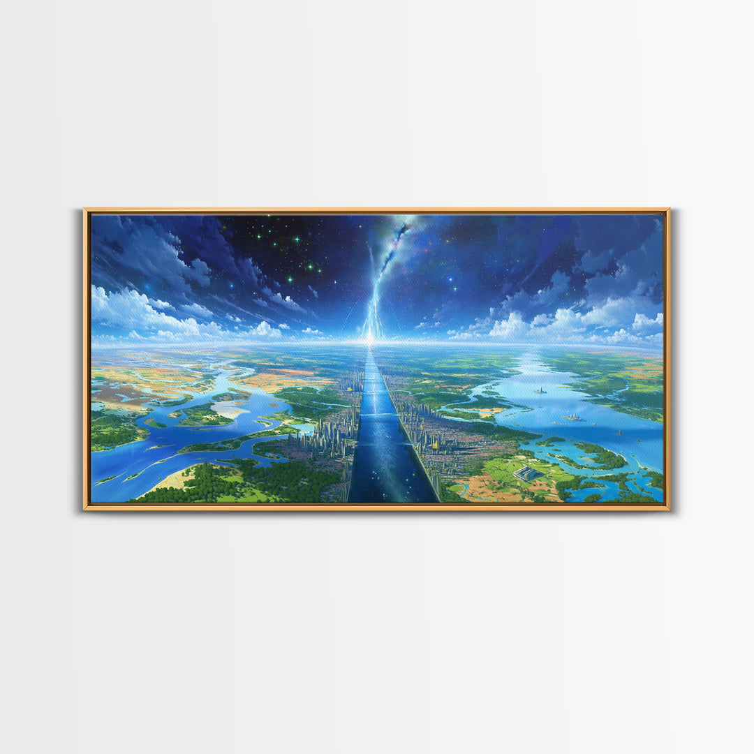 Blue Futuristic Cityscape Wall Art, Dreamy Landscape Canvas Print, Modern Canvas Art, Sci Fi Skyline Living Room Decor Gift