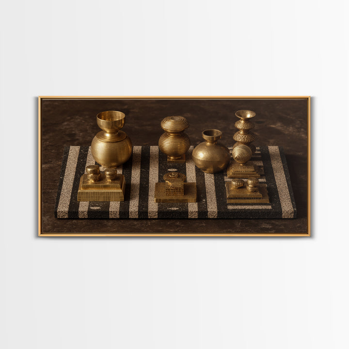 Golden Vessels On Striped Textile Wall Art, African Home Decor Canvas Print, Tribal Gold Still Life, Elegant Office Decor