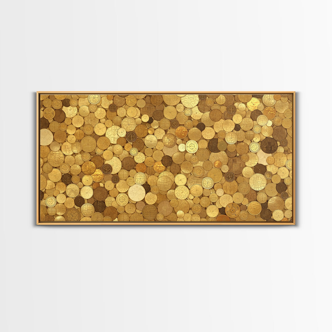 Golden Coin Disc Mosaic Wall Art, African Inspired Canvas Print, Textured Art Print, Gold Circle Pattern Home Decor Gift