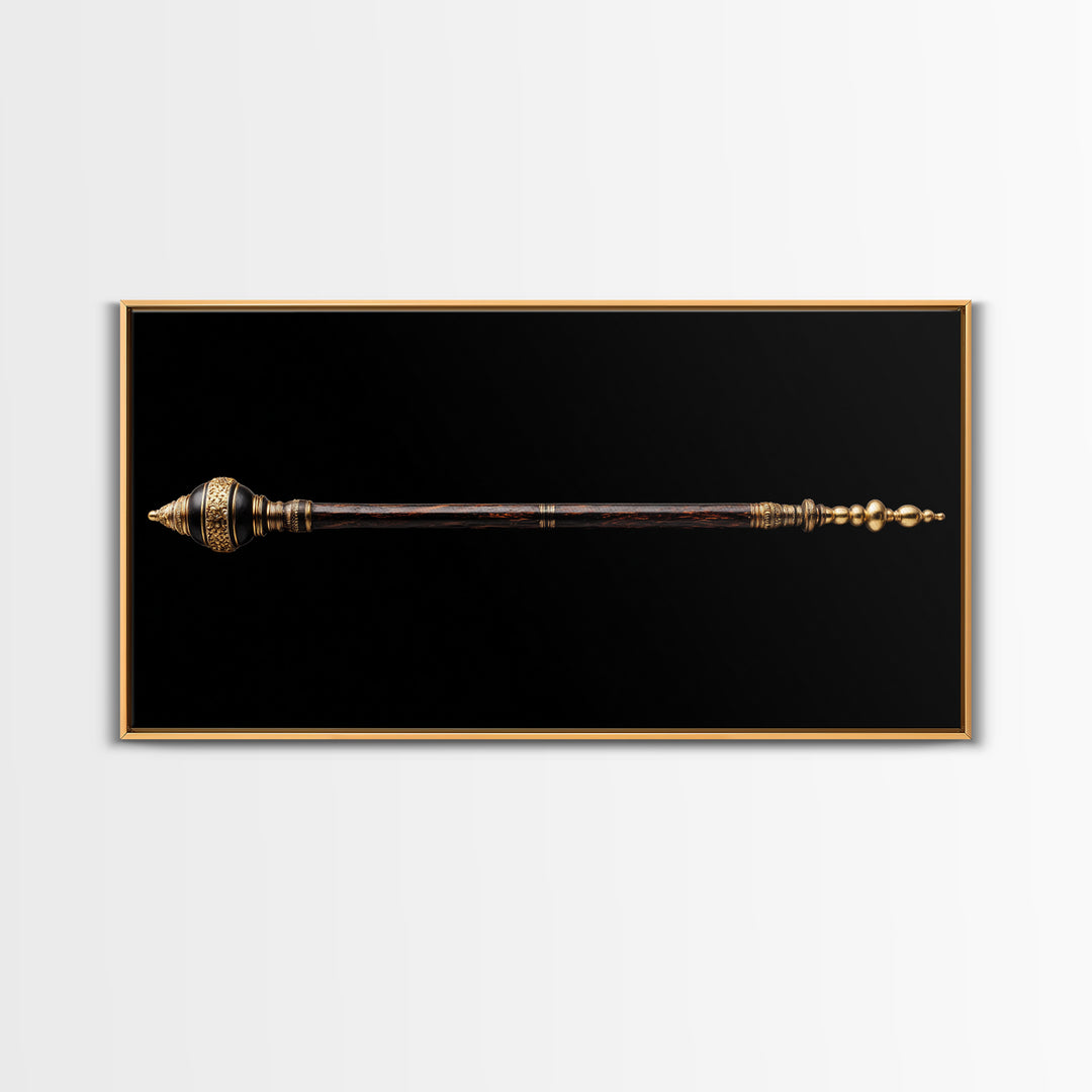 Ornate African Ceremonial Staff Wall Art, Tribal Artifact Canvas Print, Black Gold Scepter, Cultural Statement Decor Gift
