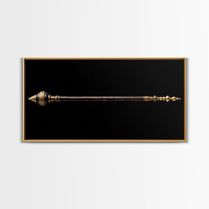 Ornate African Ceremonial Staff Wall Art, Tribal Artifact Canvas Print, Black Gold Scepter, Cultural Statement Decor Gift