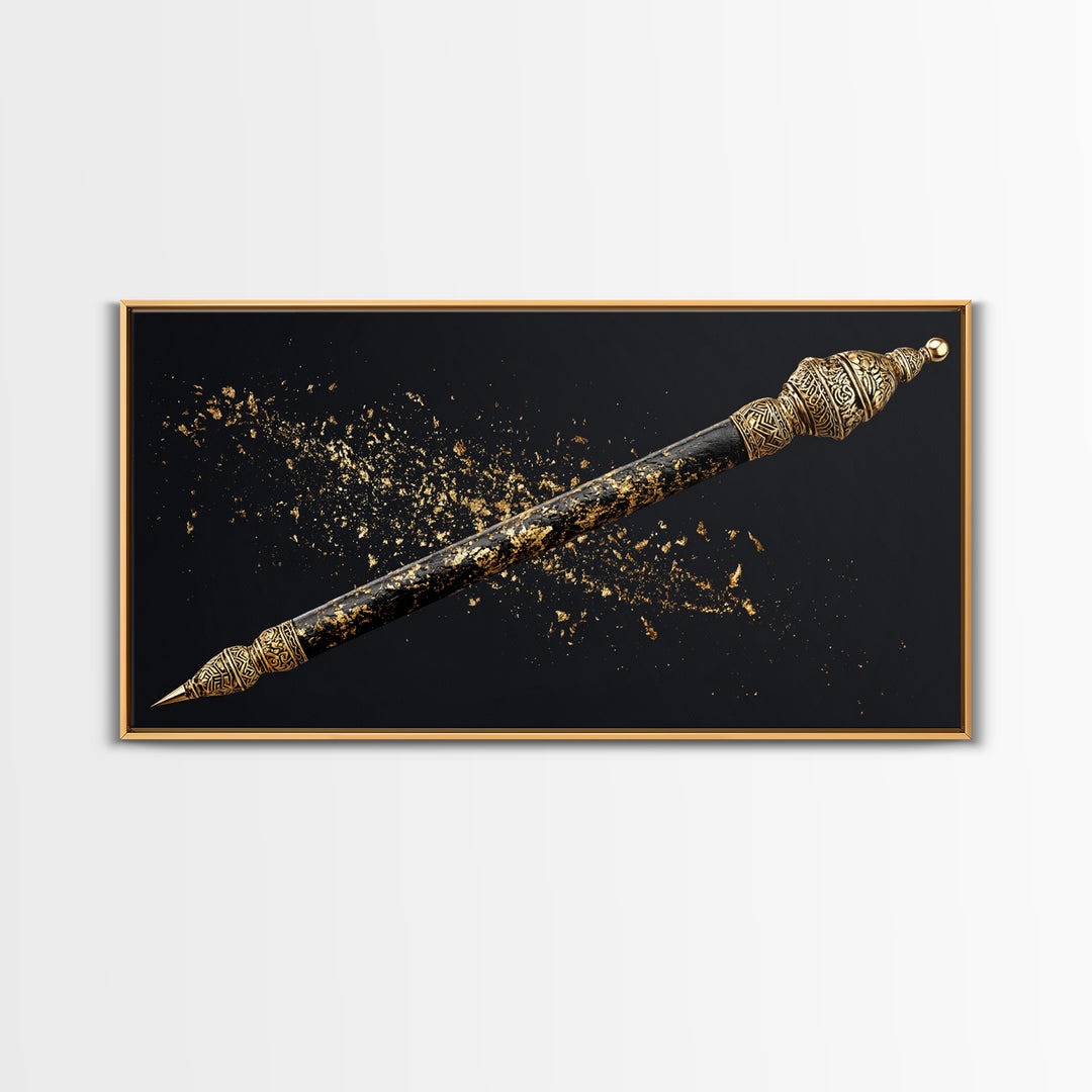 Ornate Black Gold Ceremonial Spear Canvas Print, African Warrior Art, Tribal Wall Decor, Afrocentric Luxury Home Decor Gift