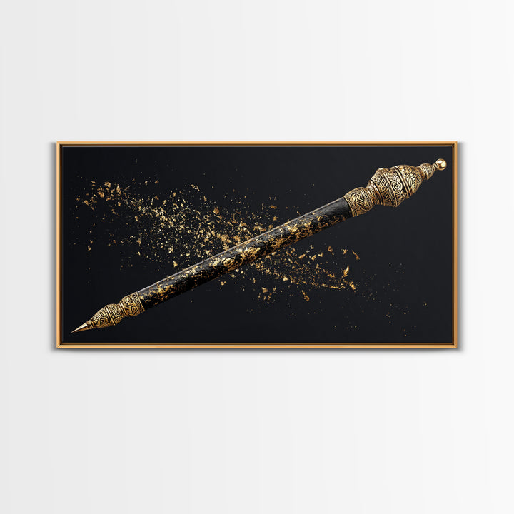 Ornate Black Gold Ceremonial Spear Canvas Print, African Warrior Art, Tribal Wall Decor, Afrocentric Luxury Home Decor Gift