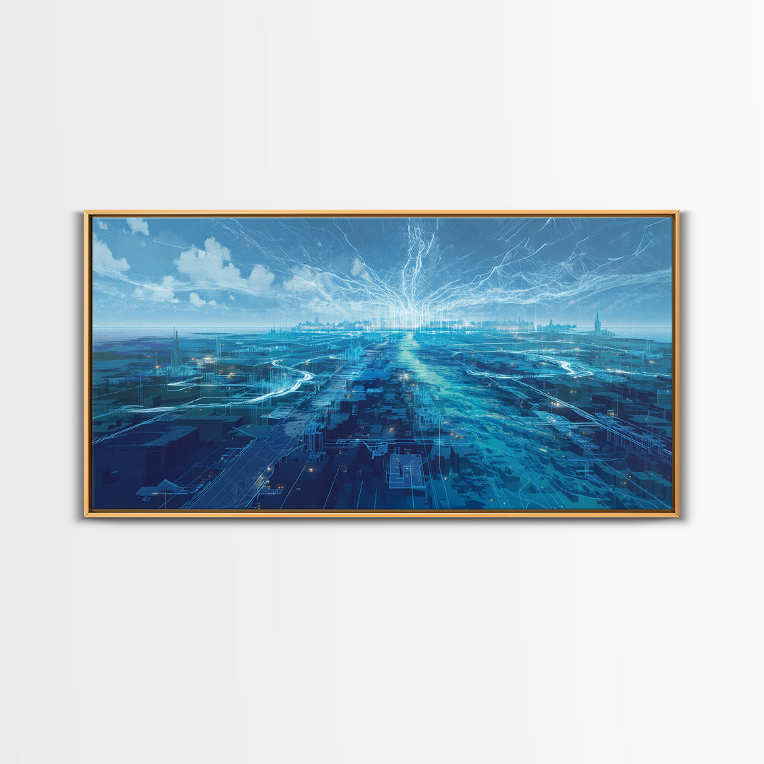 Blue Futuristic Digital Cityscape Wall Art, Afrofuturism Decor, Modern African Inspired Office Art, Luminous Skyline Print