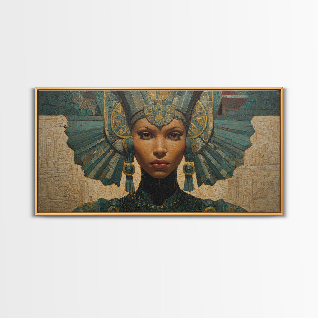 Regal Egyptian Queen Headdress Canvas Print, African Portrait Wall Art, Teal Gold Cultural Decor, Goddess Home Decor Gift