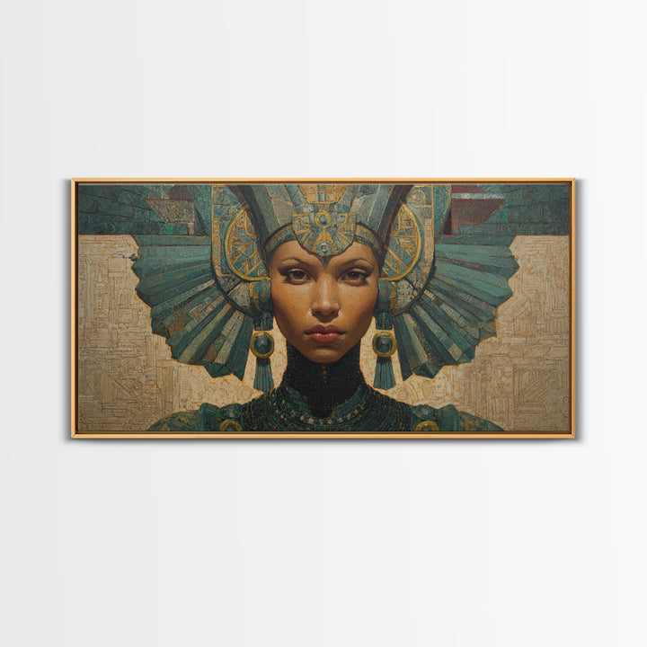 Regal Egyptian Queen Headdress Canvas Print, African Portrait Wall Art, Teal Gold Cultural Decor, Goddess Home Decor Gift