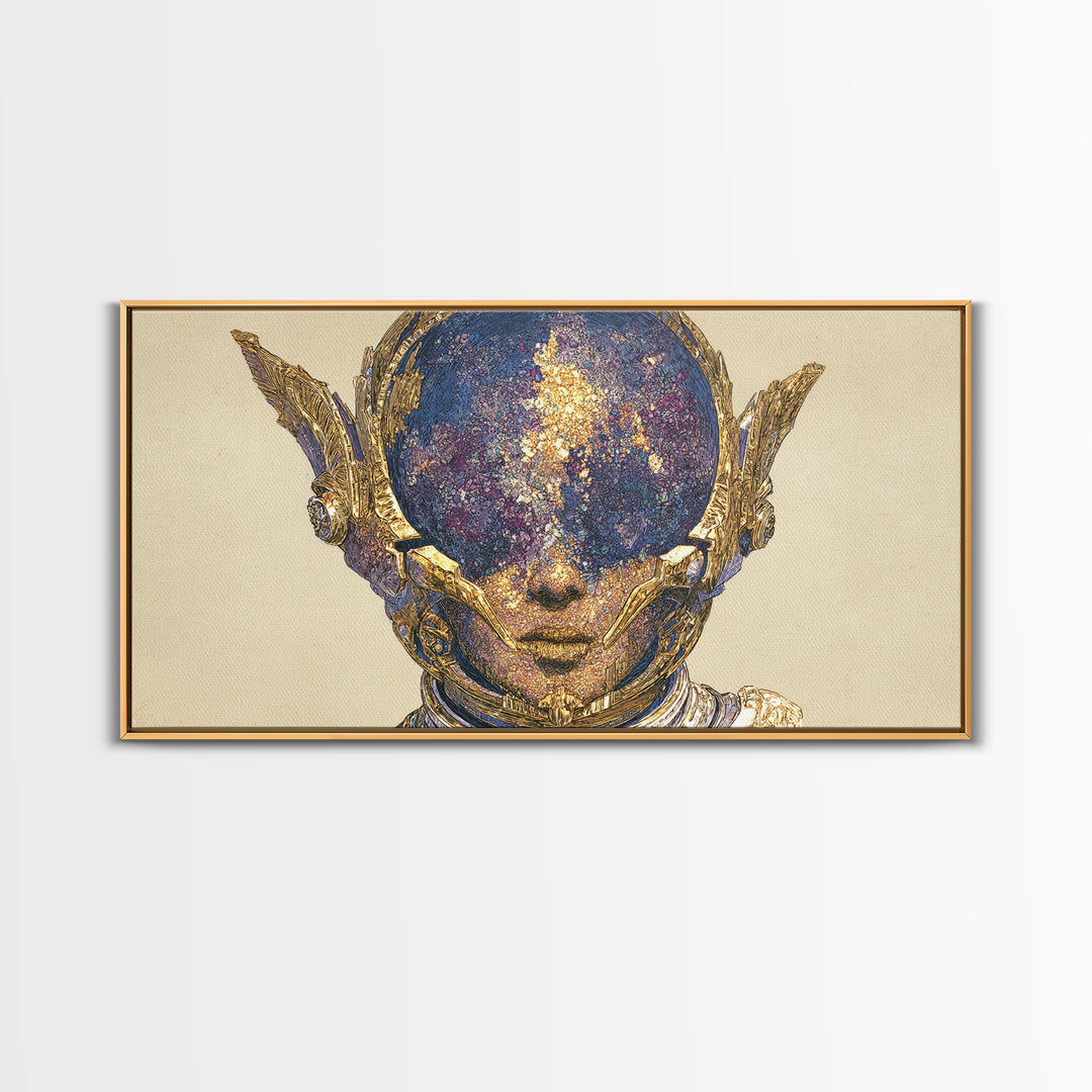 Cosmic Gold Goddess Face Wall Art, African Abstract Portrait, Mystical Afrocentric Decor, Fantasy Figure Luxury Canvas Print