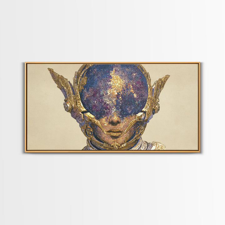 Cosmic Gold Goddess Face Wall Art, African Abstract Portrait, Mystical Afrocentric Decor, Fantasy Figure Luxury Canvas Print