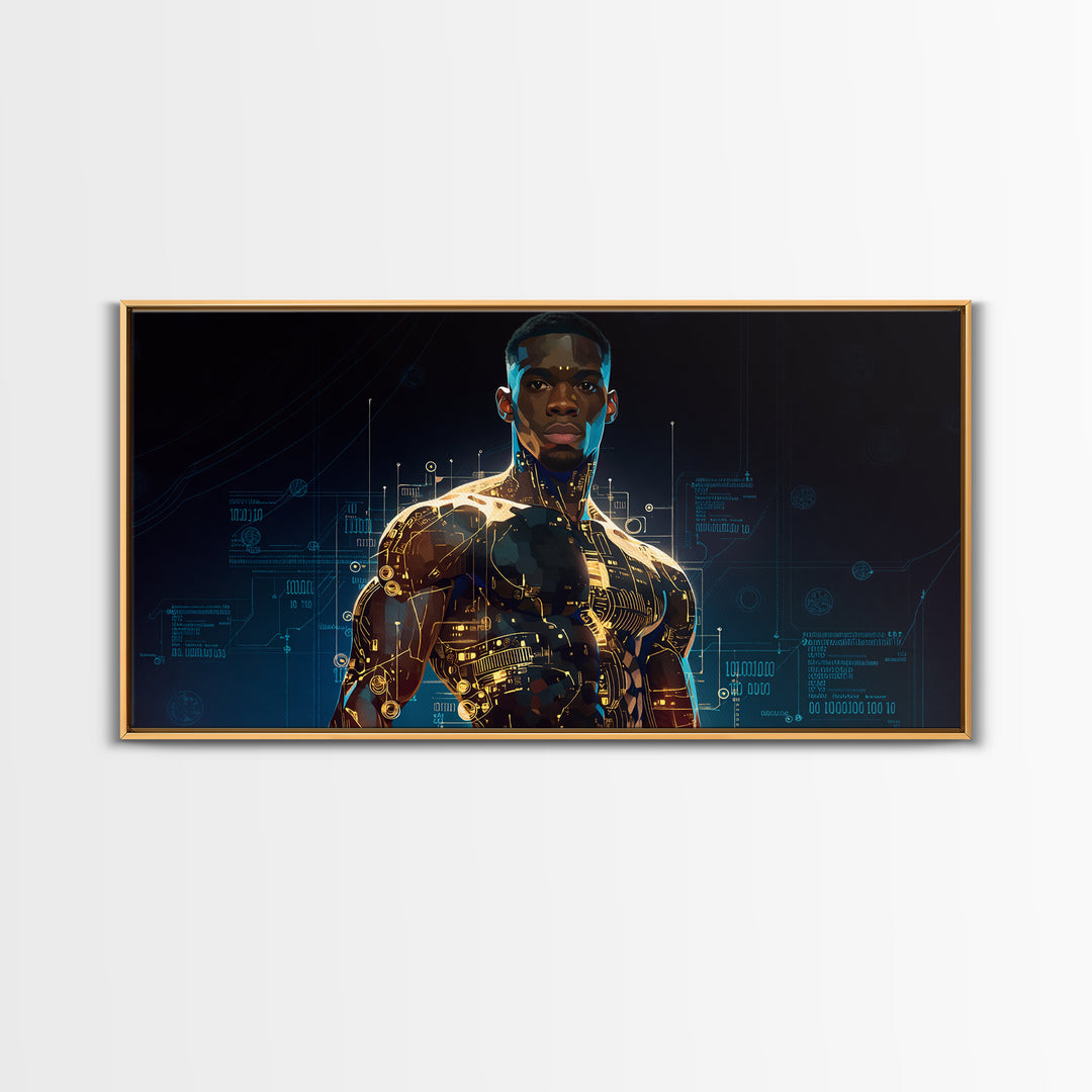 Powerful Black Cyborg Warrior Wall Art, Afrofuturism Decor, African American Art, Futuristic Tech Portrait Canvas Print Gift
