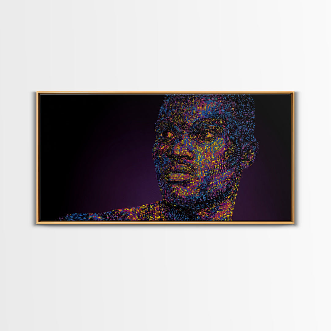 Neon Pointillist Black Man Portrait Canvas Print, African American Wall Art, Digital Afro Art, Modern Masculine Home Decor