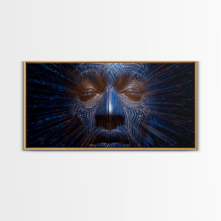 Blue Orange Digital Tribal Face Wall Art, African Mask Art, Afrofuturism Decor, Abstract Black Art, Statement Canvas Print