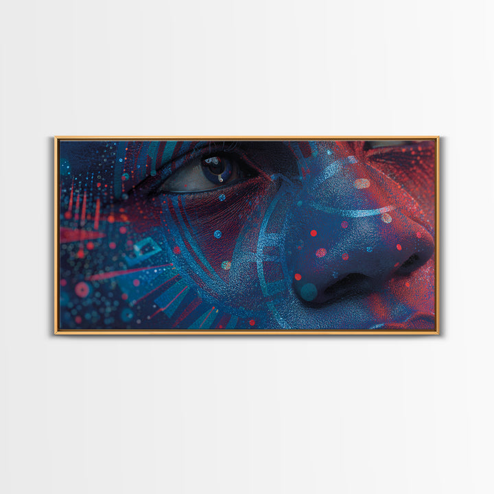 Blue Red Afro Futurist Face Close Up Wall Art, African Portrait, Black Beauty Art, Tribal Art Decor, Modern Canvas Print