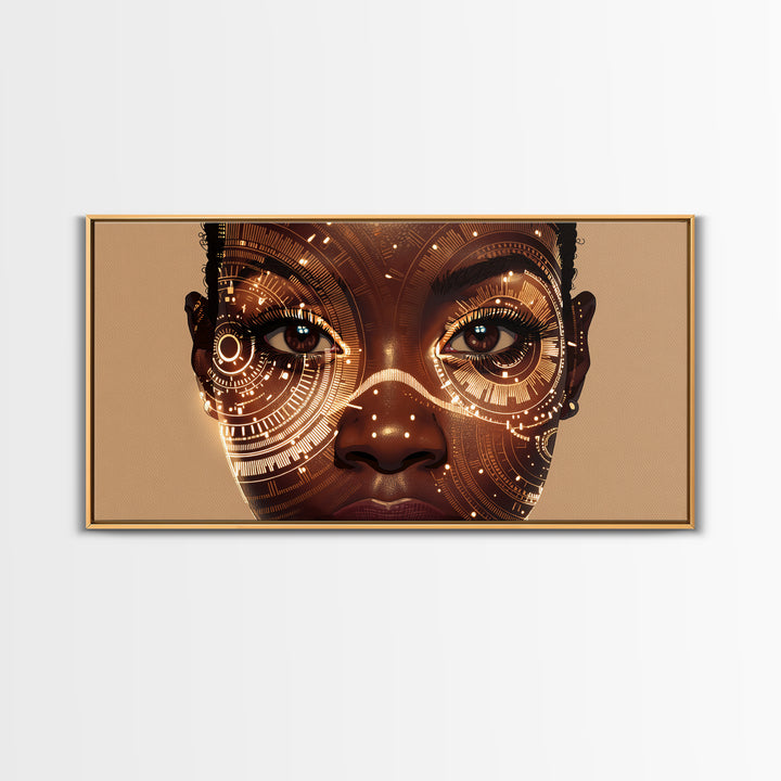 Golden Circuit African Woman Portrait Framed Canvas Print, Black Female Art, Afrocentric Wall Art, Luxury Canvas Art Decor
