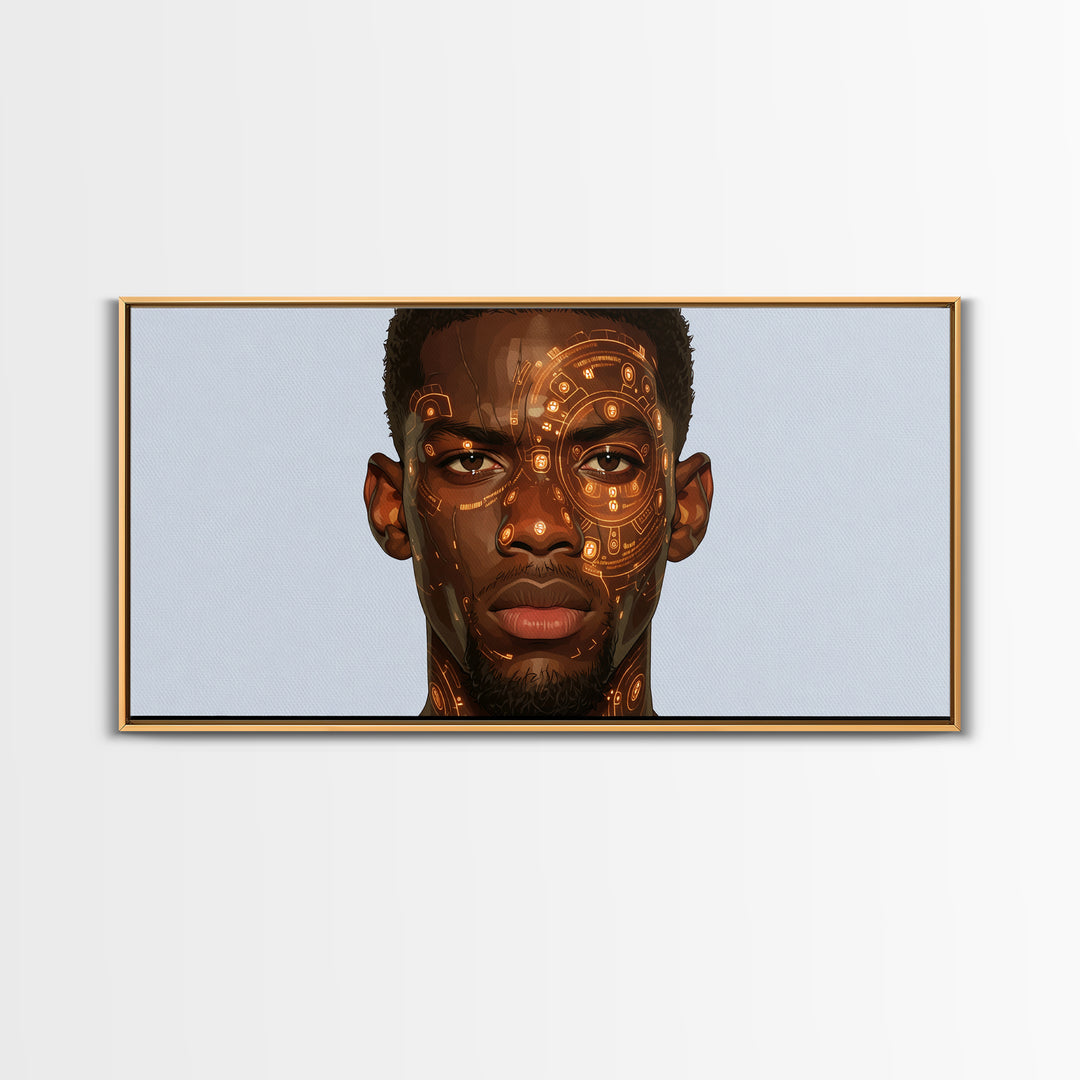Orange Cyber Tribal Black Man Portrait Wall Art, African Portrait, Black Man Wall Art, Afrocentric Decor, Modern Canvas Art