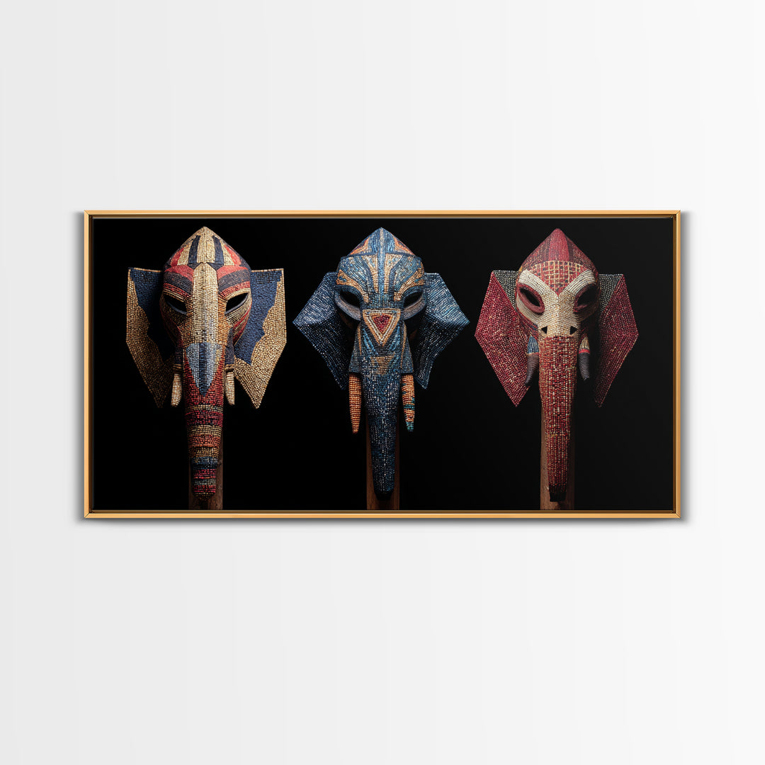 Three Beaded Elephant Tribal Masks Framed Canvas Print, African Mask Art, Safari Wall Art, Colorful African Art Decor Gift