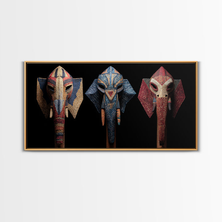 Three Beaded Elephant Tribal Masks Framed Canvas Print, African Mask Art, Safari Wall Art, Colorful African Art Decor Gift