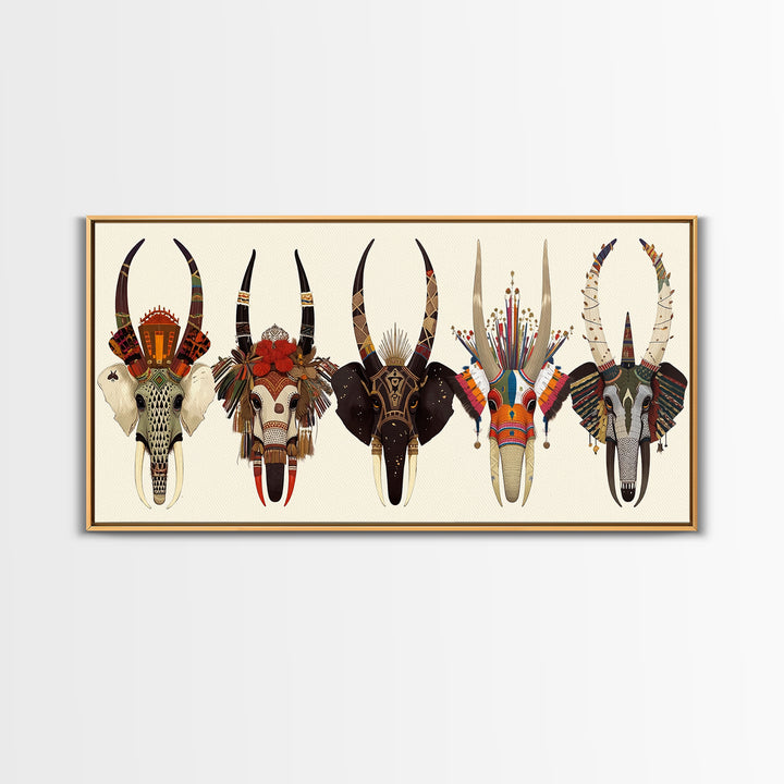 Horned African Animal Skull Masks Wall Art, Tribal Mask Art, African Safari Art, Cultural Wall Decor, Statement Piece Gift