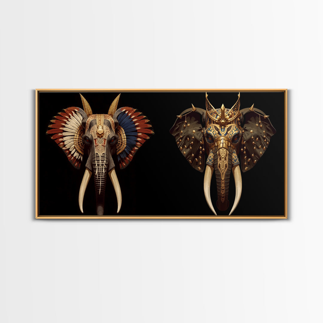 Ornate African Elephant Mask Wall Art, Gold Tribal Safari Decor, Afrocentric Animal Artwork, Luxury Canvas Print For Home