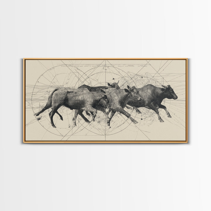 Running African Cattle Sketch Wall Art, Beige Ink Herd Drawing, Rustic Farmhouse Decor, Textured Canvas Print For Office