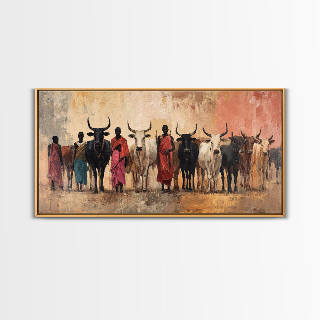 Maasai Herders With Longhorn Cattle Framed Canvas Print, African Safari Wall Art, Earth Tone Tribal Living Room Decor Gift