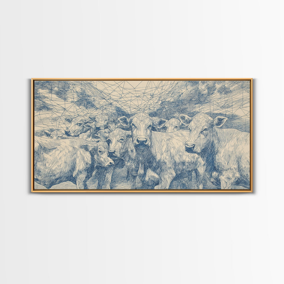 Blue Ink Cattle Herd Wall Art, African Pastoral Drawing, Geometric Farm Animal Decor, Minimalist Canvas Print For Office