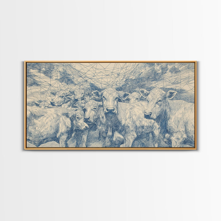Blue Ink Cattle Herd Wall Art, African Pastoral Drawing, Geometric Farm Animal Decor, Minimalist Canvas Print For Office