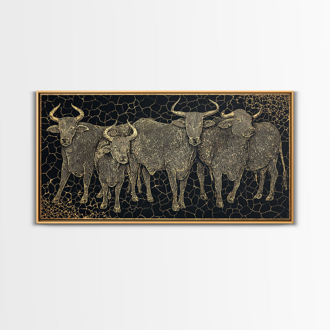 Gold Line Cattle Herd Wall Art, Black Mosaic Tribal Animal Illustration, African Farm Decor, Premium Canvas Print For Home
