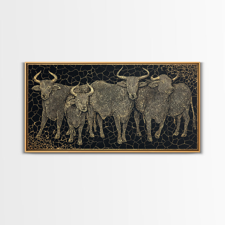 Gold Line Cattle Herd Wall Art, Black Mosaic Tribal Animal Illustration, African Farm Decor, Premium Canvas Print For Home