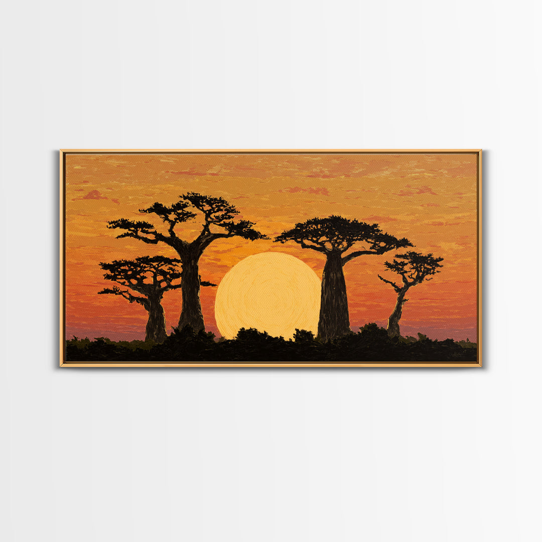 Golden Baobab Sunset Silhouette Wall Art, African Landscape Canvas Decor, Safari Tree Print, Warm Orange Living Room Gift