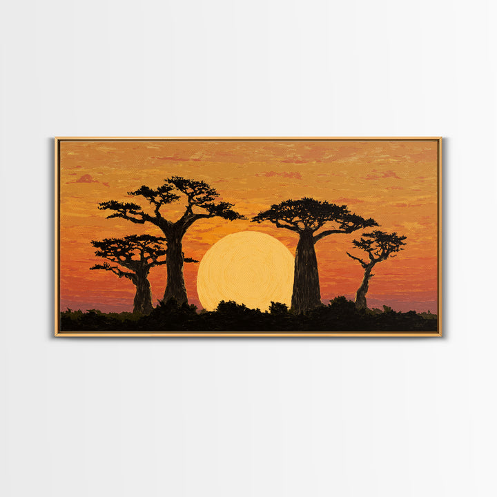 Golden Baobab Sunset Silhouette Wall Art, African Landscape Canvas Decor, Safari Tree Print, Warm Orange Living Room Gift