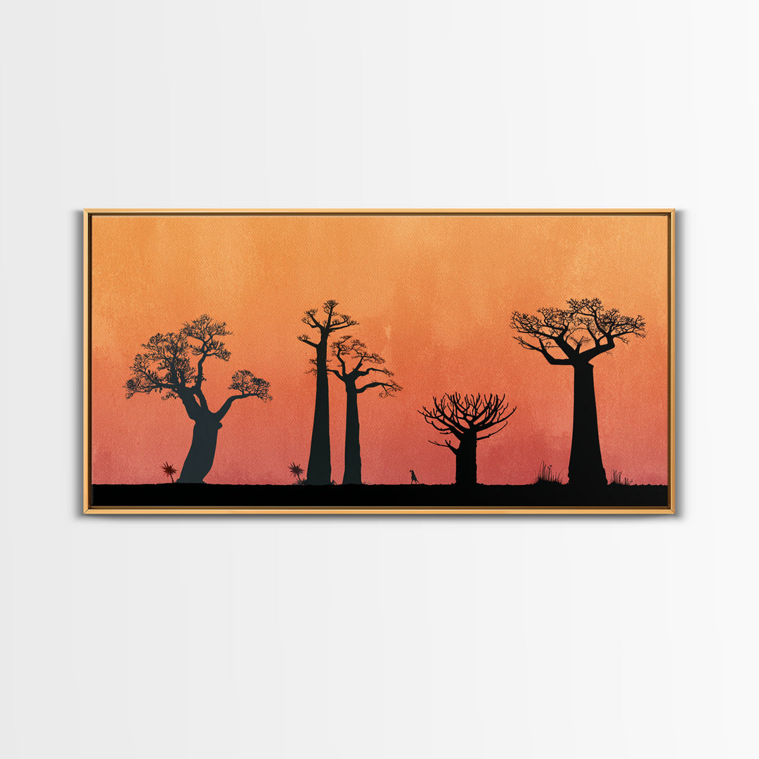 Minimal Baobab Grove Silhouette Canvas Print, African Landscape Wall Decor, Orange Sunset Safari Art, Boho Home Decor Gift
