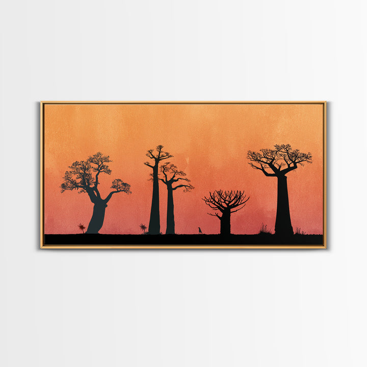Minimal Baobab Grove Silhouette Canvas Print, African Landscape Wall Decor, Orange Sunset Safari Art, Boho Home Decor Gift