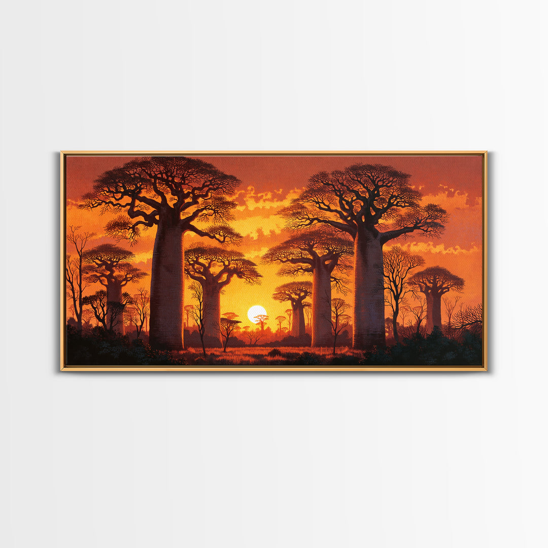 Fiery Baobab Avenue At Sunset Framed Canvas Print, African Safari Landscape Wall Decor, Dramatic Orange Statement Art Gift