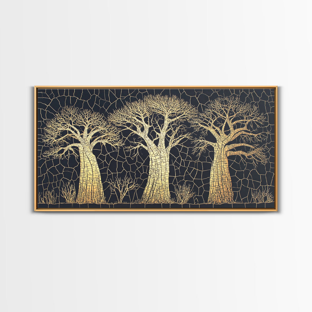 Gold Mosaic Baobab Forest Wall Art, African Tree Canvas Decor, Black And Gold Geometric Safari Print, Luxury Home Decor Gift