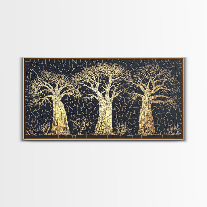 Gold Mosaic Baobab Forest Wall Art, African Tree Canvas Decor, Black And Gold Geometric Safari Print, Luxury Home Decor Gift