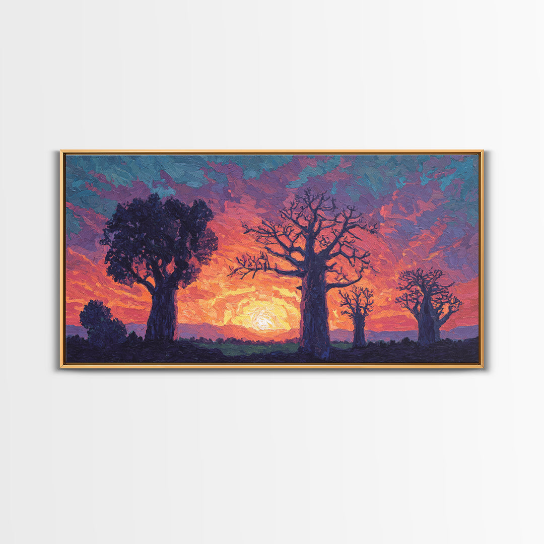 Textured Baobab Sunset Canvas Print, African Landscape Wall Decor, Purple Orange Modern Safari Art, Dreamy Living Room Gift