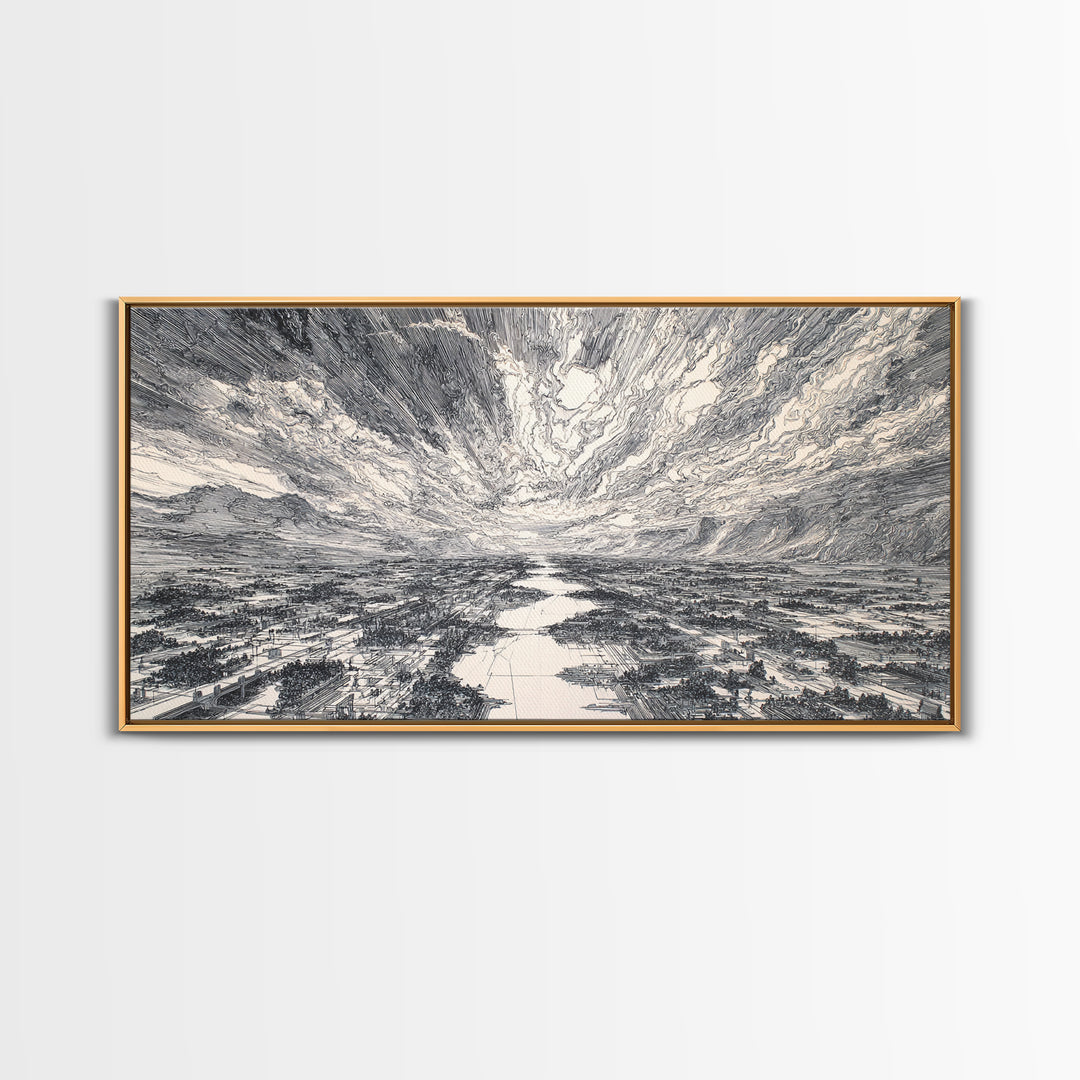 Black And White Etched River Valley Wall Art, African Landscape Print, Dramatic Sky Minimalist Office Decor, Fine Art Gift