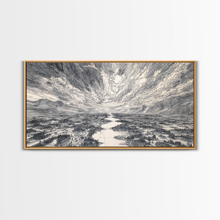 Black And White Etched River Valley Wall Art, African Landscape Print, Dramatic Sky Minimalist Office Decor, Fine Art Gift