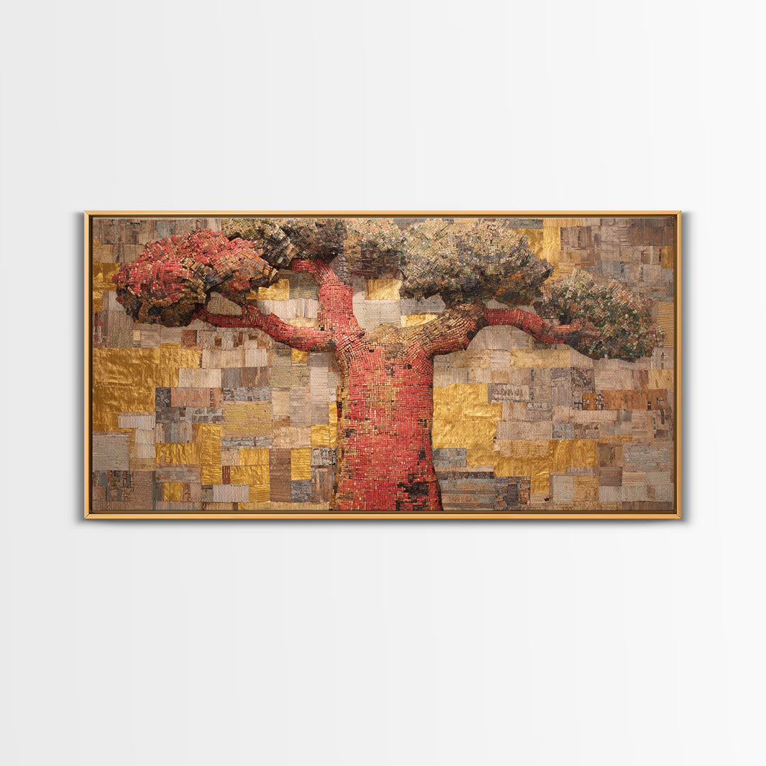 Red Baobab Collage On Gold Canvas Print, African Tree Wall Decor, Textured Mosaic Landscape Art, Bold Living Room Home Decor Gift