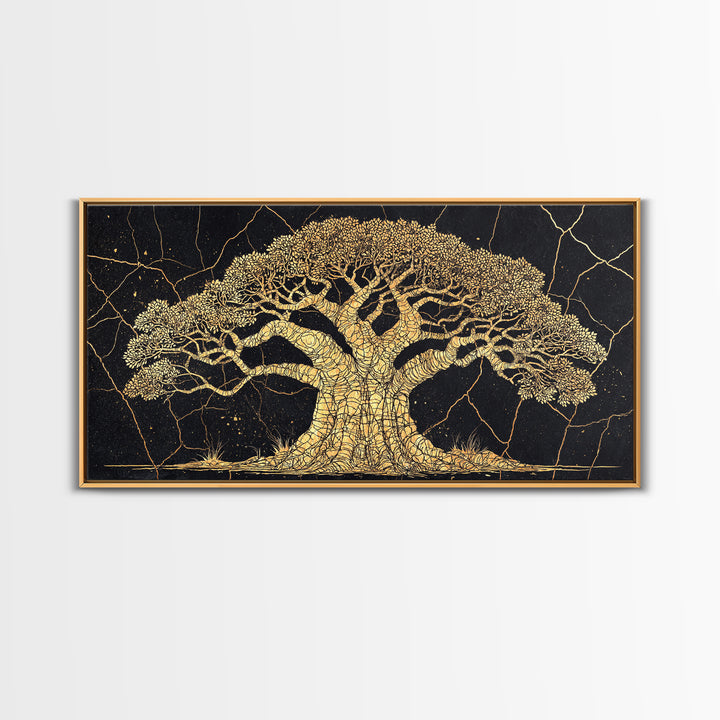 Golden Baobab Tree On Black Wall Art, African Tree Canvas Decor, Gold Crackle Safari Print, Elegant Statement Home Decor Gift