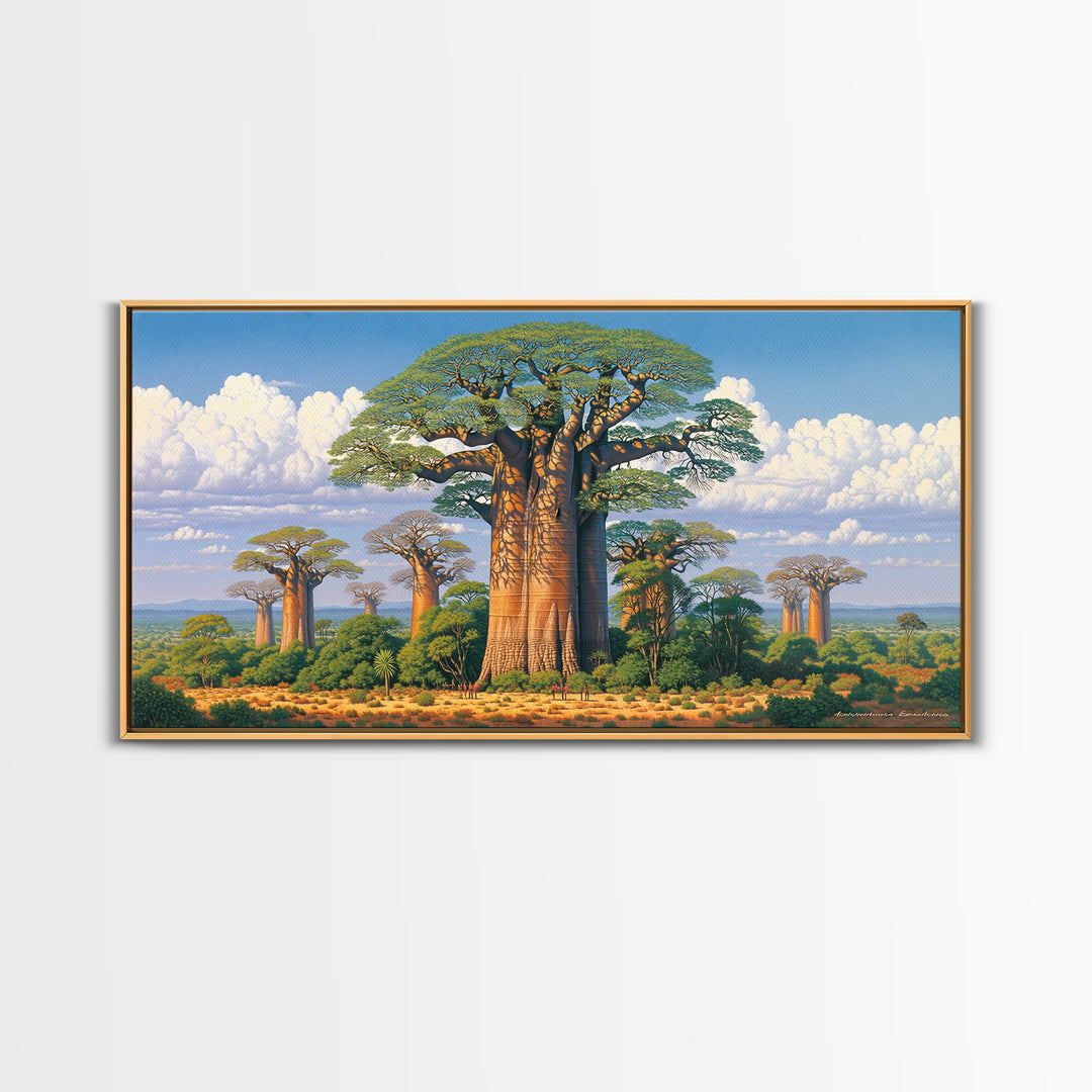 Lush Baobab Forest Under Blue Sky Framed Canvas Print, African Landscape Wall Decor, Madagascar Safari Tree Art Home Decor Gift