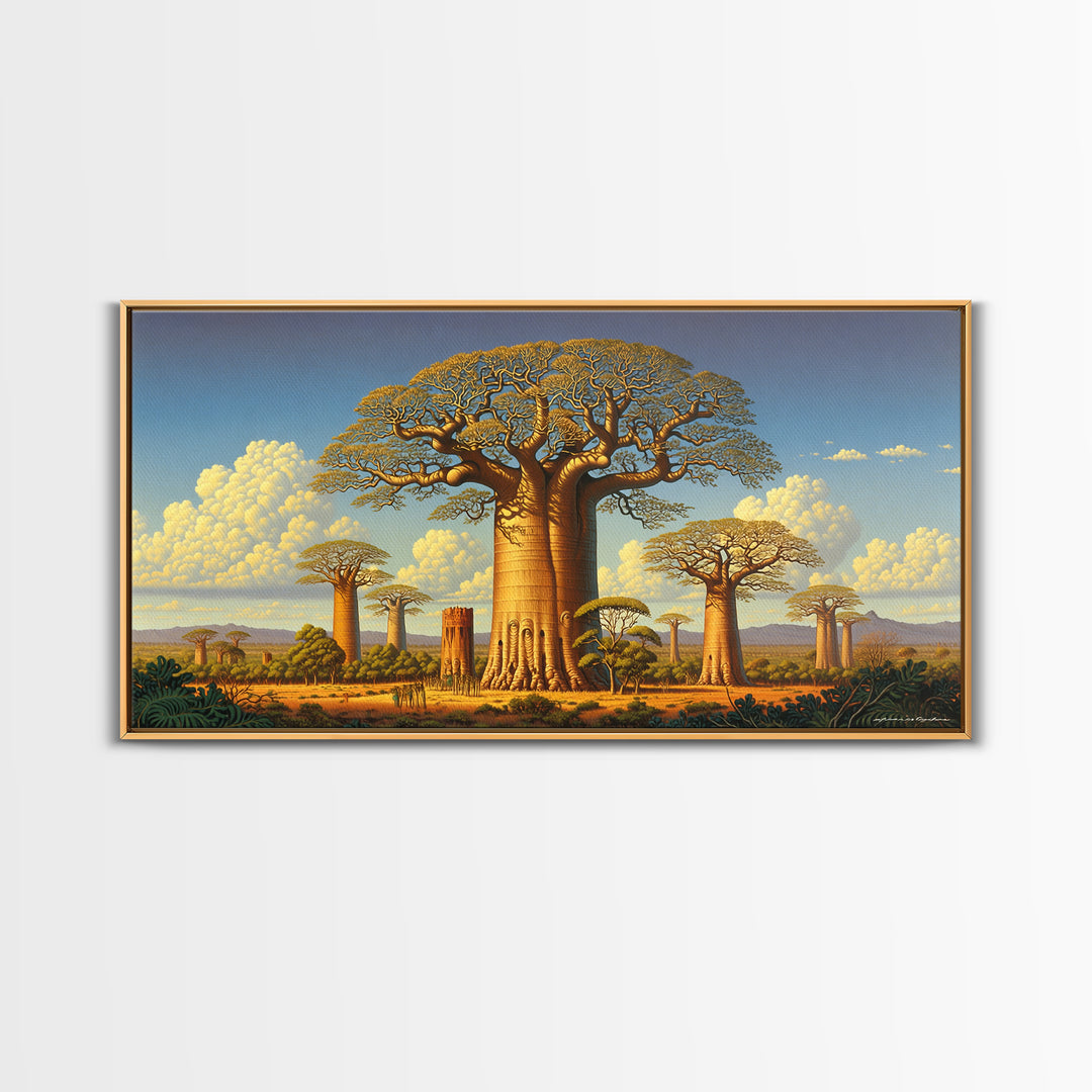 Golden Baobab Savanna Landscape Wall Art, African Tree Canvas Print, Safari Decor, Motherland Home Decor Gift, Statement Living Room Decor