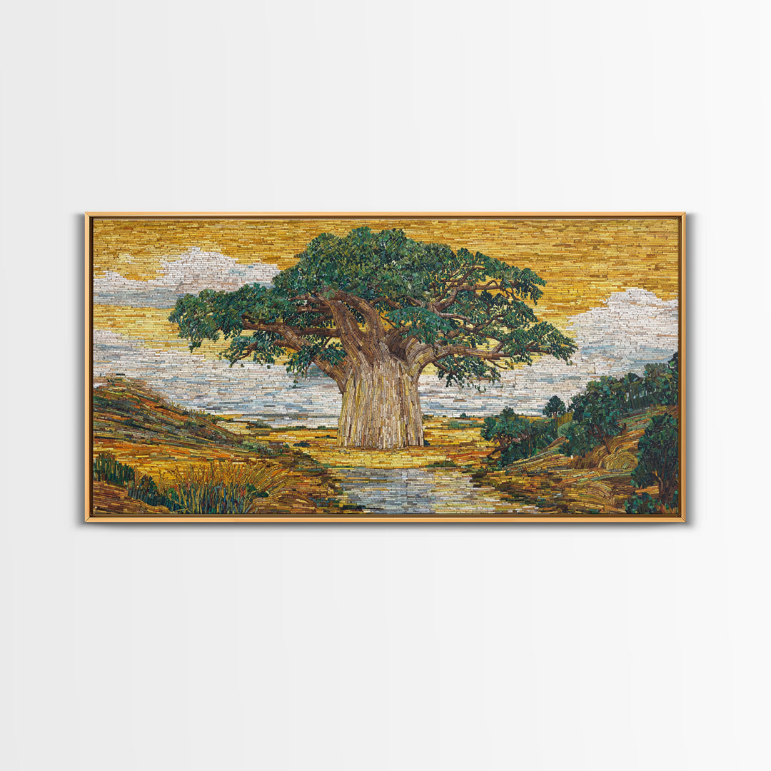 Mosaic Baobab River Landscape Canvas Print, African Tree Wall Art, Earth Tone Safari Decor, Modern Living Room Art, Housewarming Gift