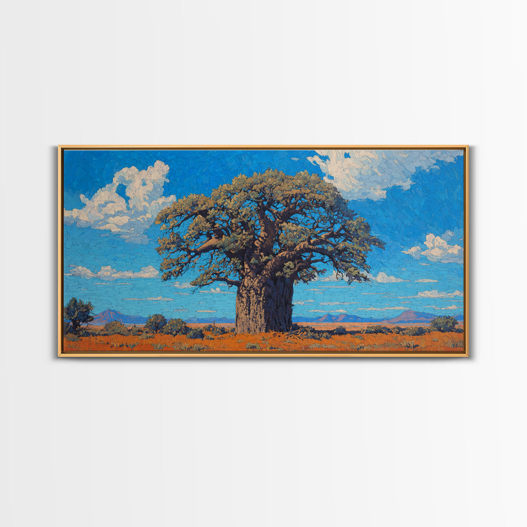 Sunlit Baobab Tree Canvas Print, African Landscape Wall Art, Blue Sky Safari Decor, Nature Scene Art, Unique Home Decor Gift