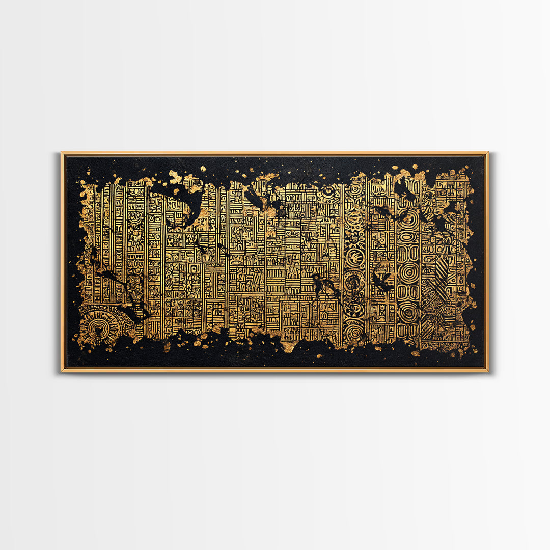 Gold Tribal Textile Pattern Canvas Print, Abstract African Art Decor, Kuba Inspired Wall Decor, Luxury Black Home Accent