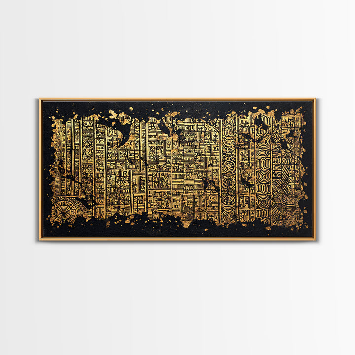 Gold Tribal Textile Pattern Canvas Print, Abstract African Art Decor, Kuba Inspired Wall Decor, Luxury Black Home Accent