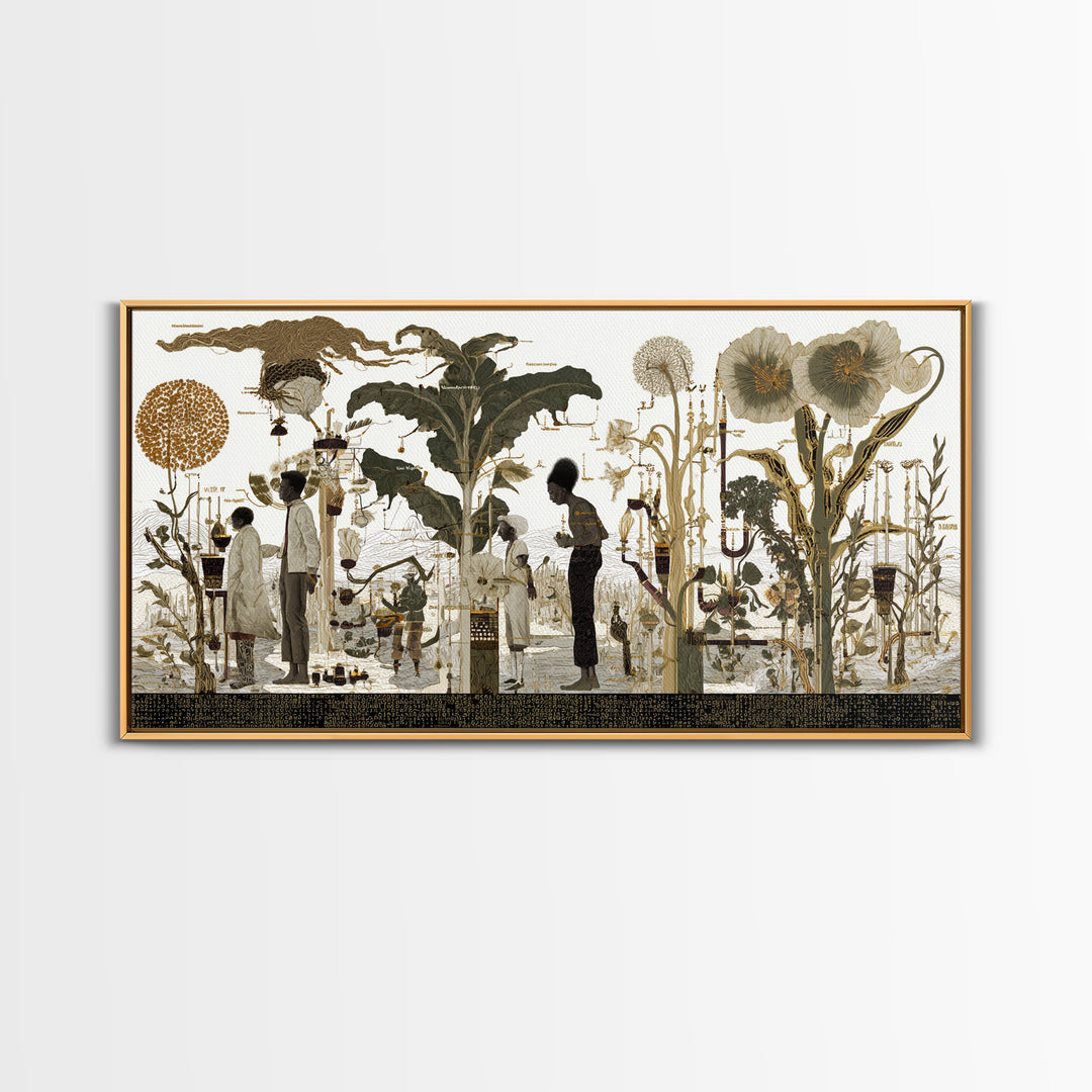 Neutral Botanical Black Figures Garden Wall Art, African American Art, Elegant Floral Canvas Print For Living Room Decor