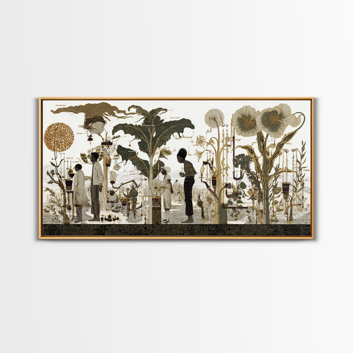 Neutral Botanical Black Figures Garden Wall Art, African American Art, Elegant Floral Canvas Print For Living Room Decor