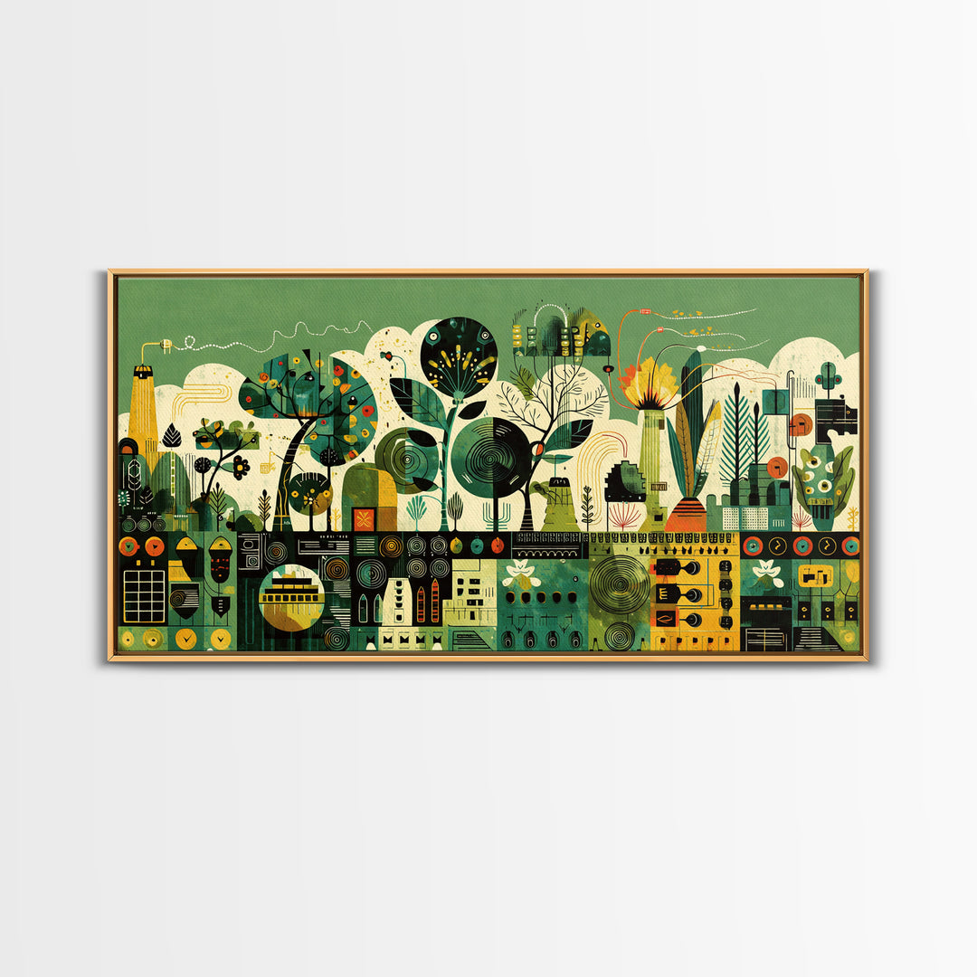 Green Abstract Botanical Cityscape Wall Art, African Patterns, Modern Afrocentric Canvas Print, Cultural Home Decor Gift