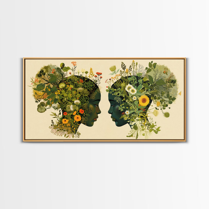 Floral Black Women Profile Portrait Wall Art, African Woman Art, Afrocentric Feminine Canvas Print, Botanical Home Decor Gift